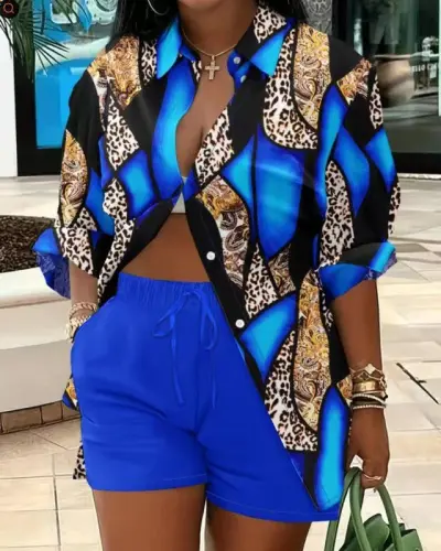 Casual Women Graphic Print Shirt Blouse Shorts Two-Piece Set