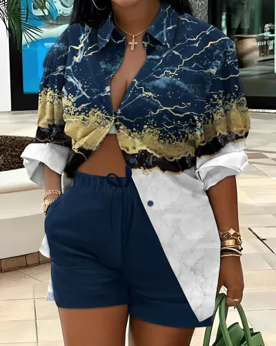 Casual Women Graphic Print Shirt Blouse Shorts Two-Piece Set