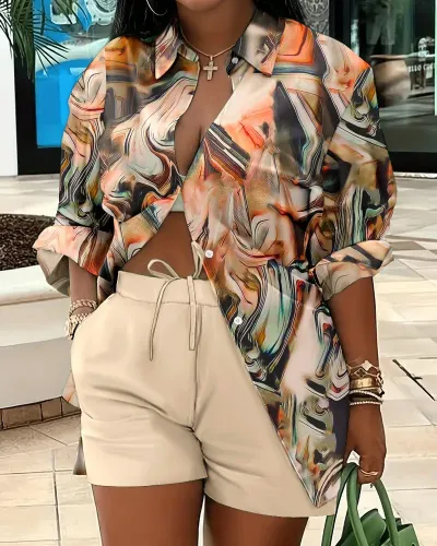 Casual Women Graphic Print Shirt Blouse Shorts Two-Piece Set