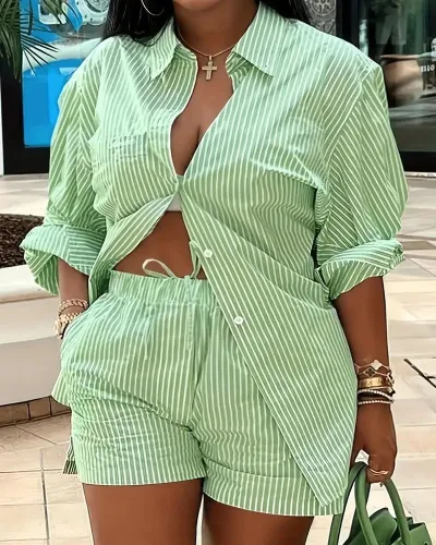 Casual Women Graphic Print Shirt Blouse Shorts Two-Piece Set