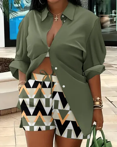 Casual Women Graphic Print Shirt Blouse Shorts Two-Piece Set