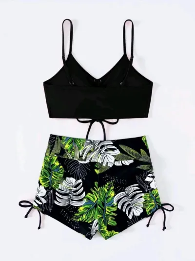Summer Women Bikini Sexy Leaf Print Boxer Split Swimsuit