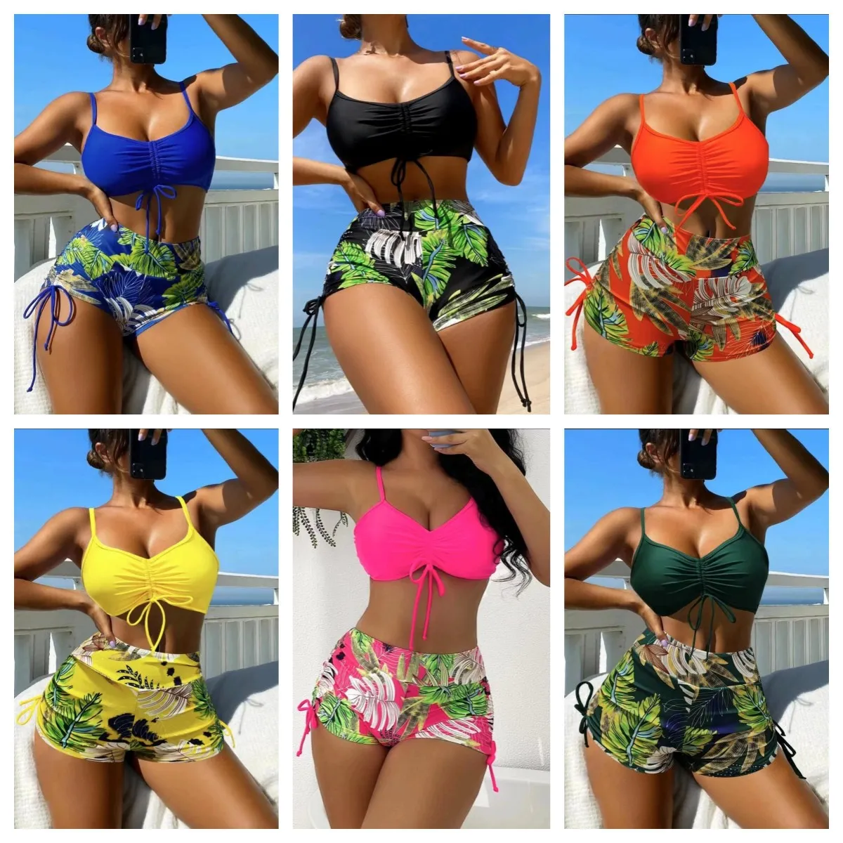 Summer Women Bikini Sexy Leaf Print Boxer Split Swimsuit