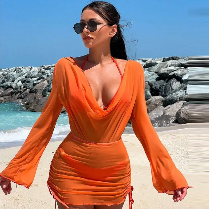 Three-Piece Bikini Set with Halter Neck Blouse Coverup - Sexy Women Swimsuit