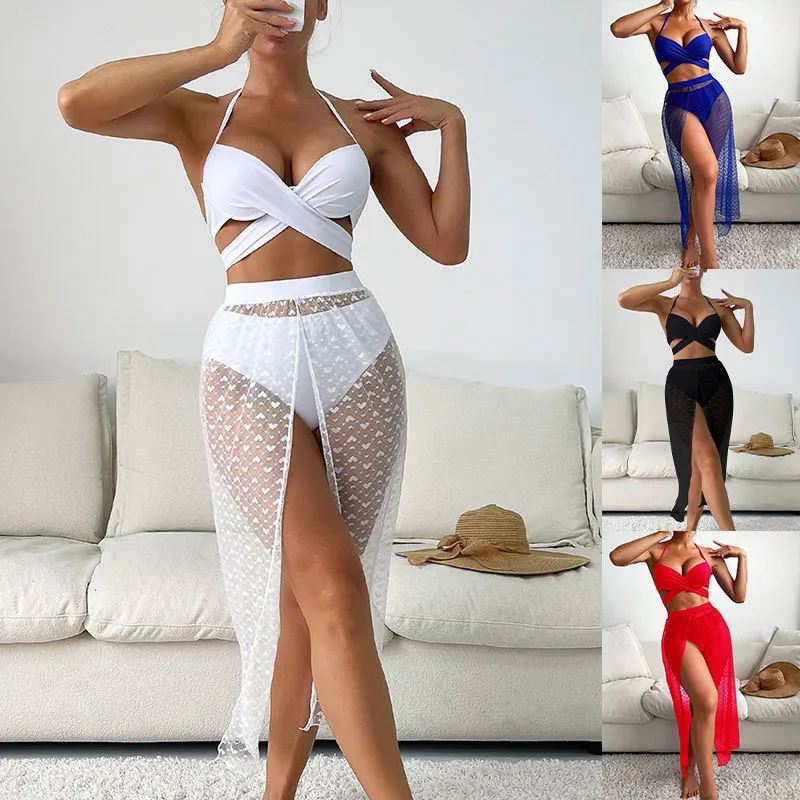 Summer Women Solid Color Bikini Sexy See-Through Mesh Sunscreen Coverup Skirt Swimsuit
