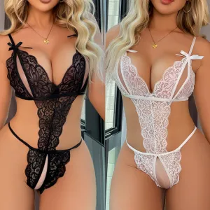 Women Sexy Hollow Backless Lace Lingerie Bodysuit Bra Set