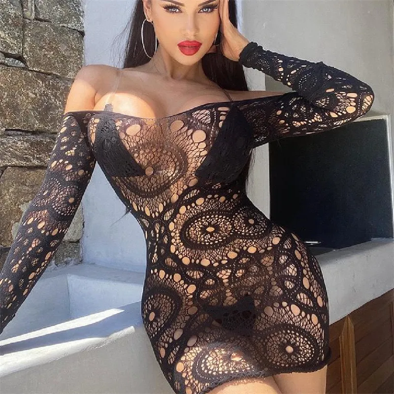 Sexy Off-Shoulder Women Long Sleeve Lace Jacquard Bra Set Dress