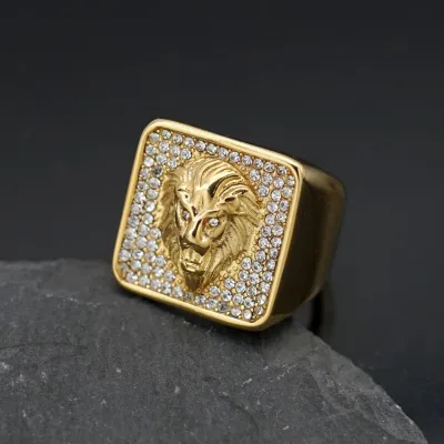 Men Stainless Steel Hip Hop Rhinestone Lion Head Gold Plated Ring