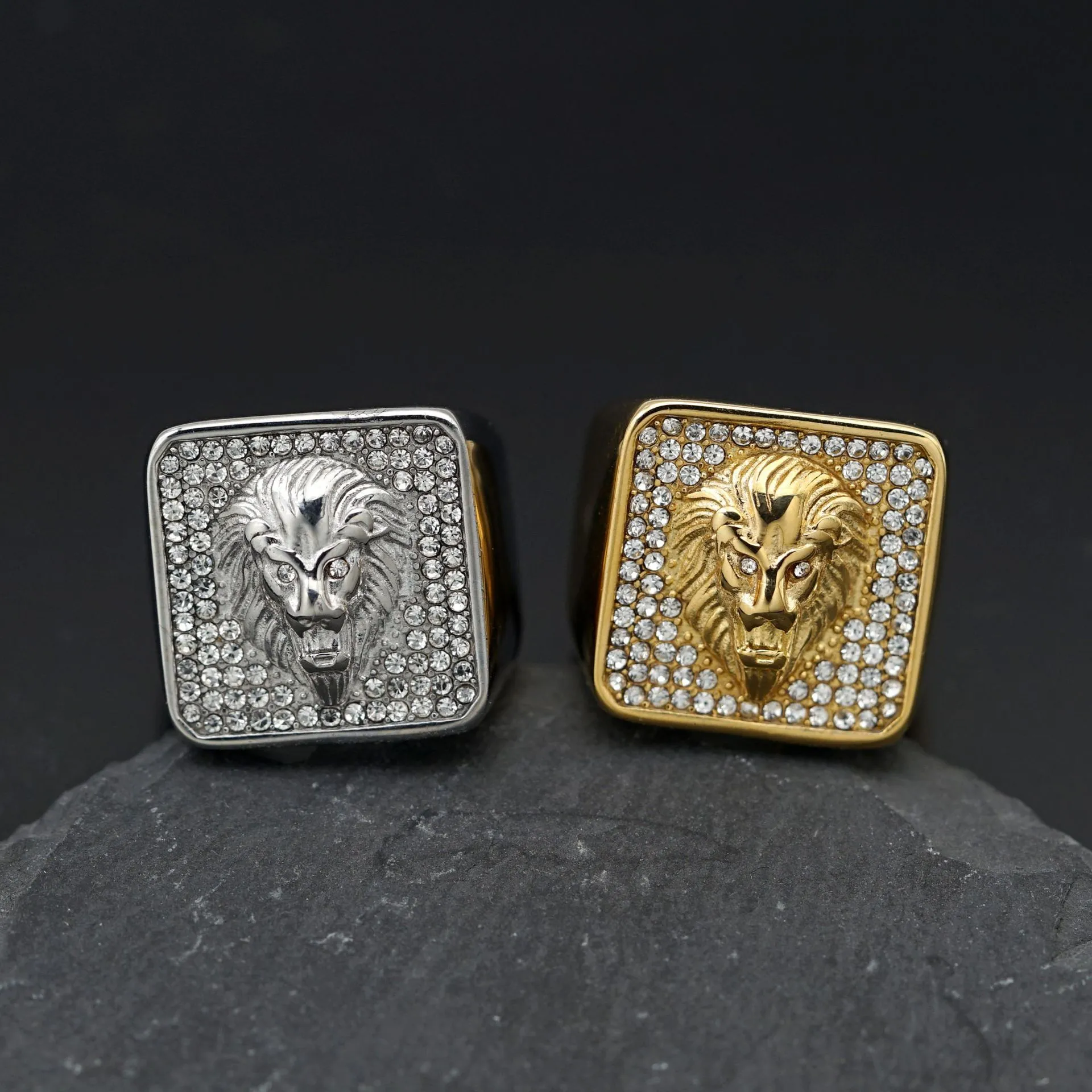 Men Stainless Steel Hip Hop Rhinestone Lion Head Gold Plated Ring