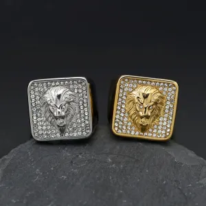 Men Stainless Steel Hip Hop Rhinestone Lion Head Gold Plated Ring