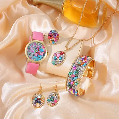Women's European Style Quartz Watch Jewelry Set with Crystal Stones and PU Strap