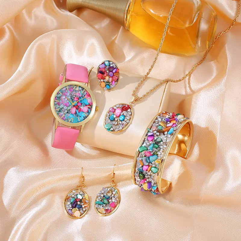 Women's European Style Quartz Watch Jewelry Set with Crystal Stones and PU Strap