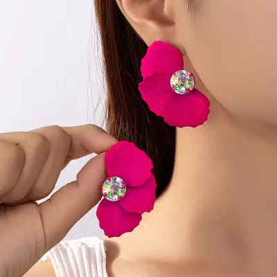 Exaggerated Spray Paint Inlaid Zircon Women Flower Earrings