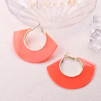 Women Fluorescent Color Geometric Hollow Fan-Shaped Acrylic Fashion Exaggerated Hoop Earrings