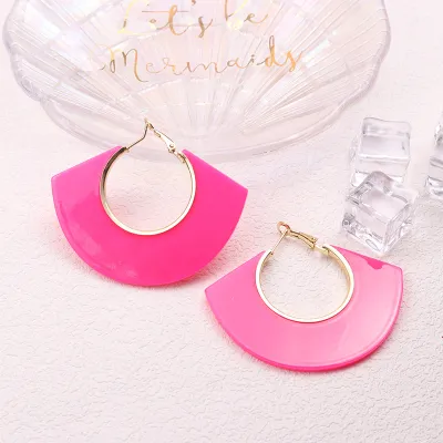 Women Fluorescent Color Geometric Hollow Fan-Shaped Acrylic Fashion Exaggerated Hoop Earrings