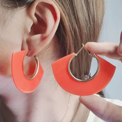 Women Fluorescent Color Geometric Hollow Fan-Shaped Acrylic Fashion Exaggerated Hoop Earrings