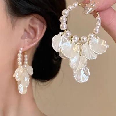 Boho Exaggerated Pearl Petal Tassel Hoop Earrings for Women Holiday