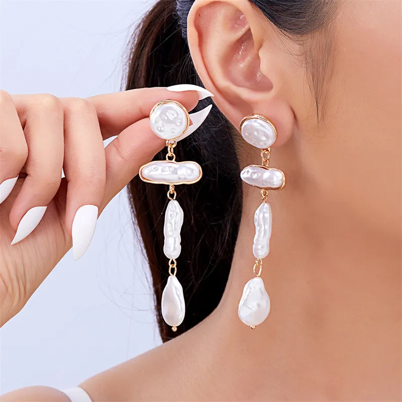 Women Vintage Exaggerated Long Pearl Irregular Baroque Elegant Earrings