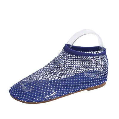 Summer Round Toe Plus Size Hollow Mesh Upper Rhinestone Ankle Boots Flat Sandals
