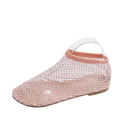 Summer Round Toe Plus Size Hollow Mesh Upper Rhinestone Ankle Boots Flat Sandals