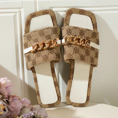 Summer Plus Size Flat Square Toe Rhinestone Chain Fashion Outer Wear Slippers