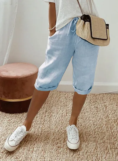 Women Casual Solid Color Cotton Linen Pocket Pants