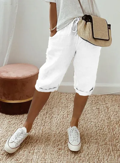 Women Casual Solid Color Cotton Linen Pocket Pants