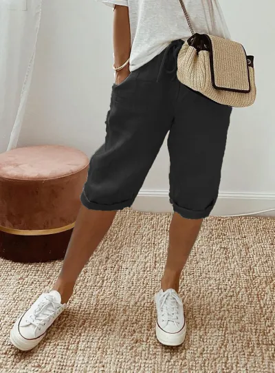 Women Casual Solid Color Cotton Linen Pocket Pants