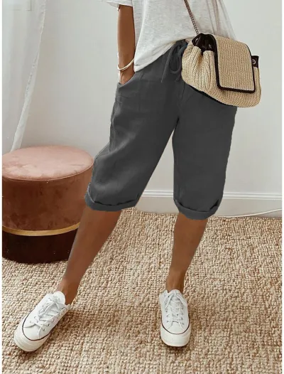 Women Casual Solid Color Cotton Linen Pocket Pants