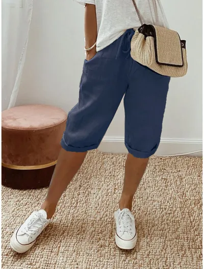 Women Casual Solid Color Cotton Linen Pocket Pants