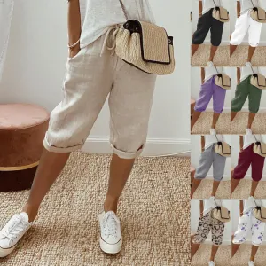Women Casual Solid Color Cotton Linen Pocket Pants