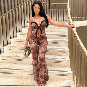 Women Fashion Sexy Graphic Printing Deep V Strap Hollow Tight Jumpsuits