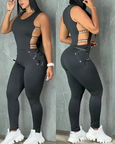 Women Fashion Sexy Hollow Tight Sleeveless Long Jumpsuits