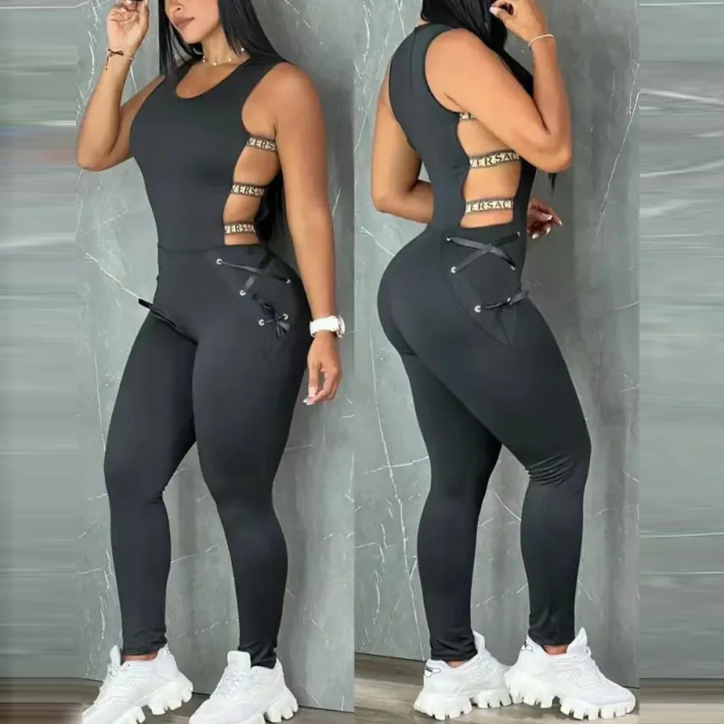 Women Fashion Sexy Hollow Tight Sleeveless Long Jumpsuits