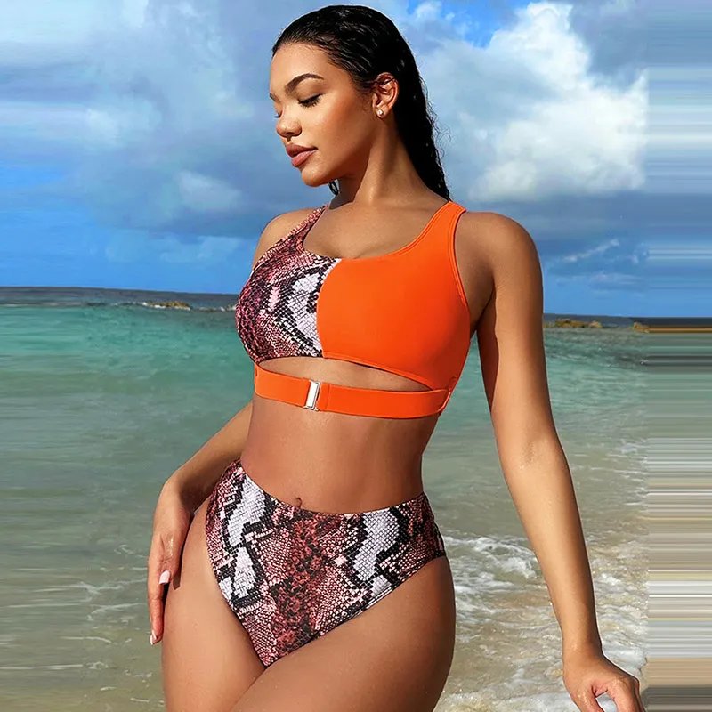 Women Sexy Snake Pattern Hollow Out Tankini Swimsuit Set