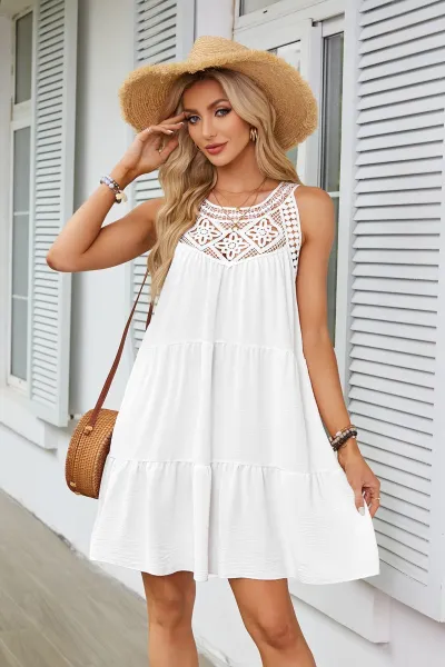 Women Casual Solid Color Hollow Neck Dress