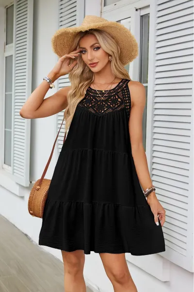 Women Casual Solid Color Hollow Neck Dress