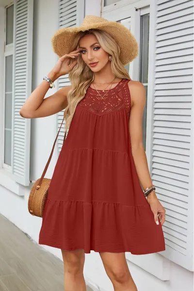 Women Casual Solid Color Hollow Neck Dress