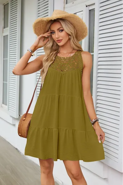 Women Casual Solid Color Hollow Neck Dress