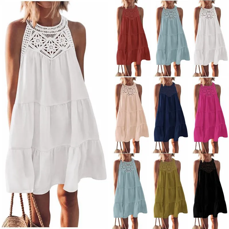 Women Casual Solid Color Hollow Neck Dress