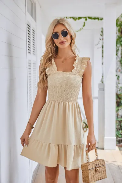 Women Casual Solid Color Sleeveless Square Neck Pleated Backless Dress