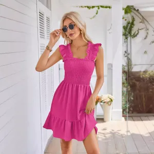 Women Casual Solid Color Sleeveless Square Neck Pleated Backless Dress