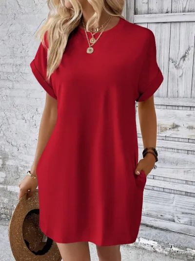 Women Casual Solid Color Round Neck Raglan Sleeve Loose A-Line Pocket Dress