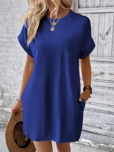Women Casual Solid Color Round Neck Raglan Sleeve Loose A-Line Pocket Dress