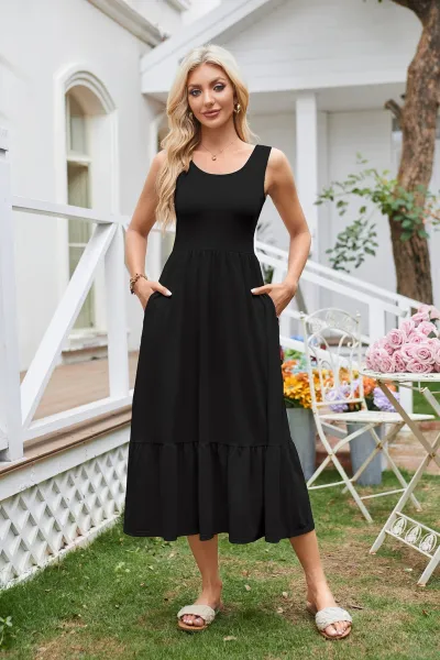 Women Casual Square Collar Pleated Sleeveless Midi Vest Dress