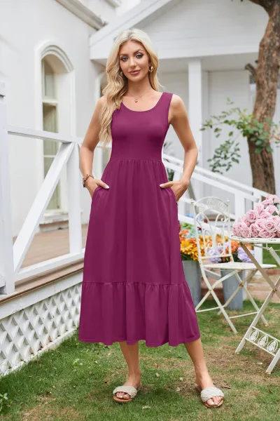 Women Casual Square Collar Pleated Sleeveless Midi Vest Dress