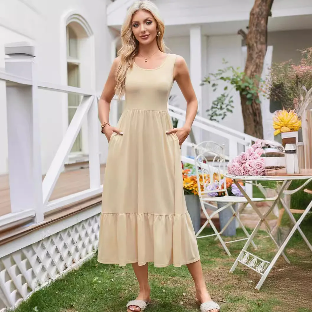 Women Casual Square Collar Pleated Sleeveless Midi Vest Dress