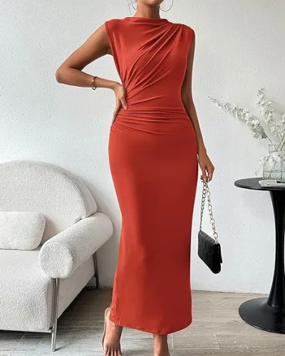 Women Elegant Solid Color Sleeveless Bodycon Maxi Dress