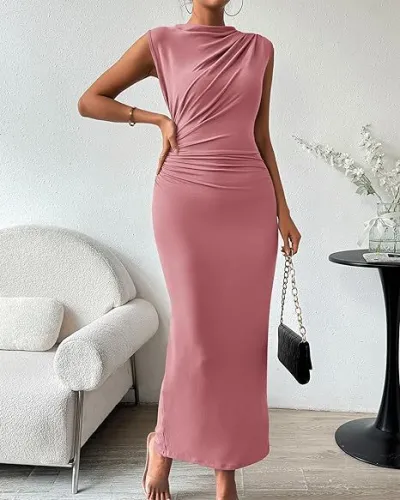 Women Elegant Solid Color Sleeveless Bodycon Maxi Dress