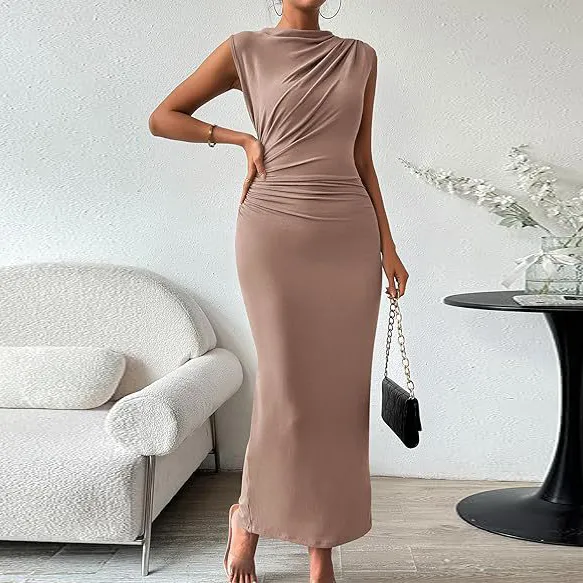 Women Elegant Solid Color Sleeveless Bodycon Maxi Dress